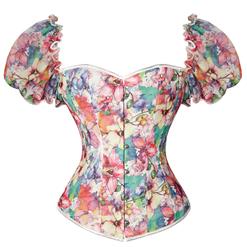 Retro Floral Print 12 Plastic Boned Ruffled Puff Sleeves Sexy Body Shaper Overbust Corset N21770