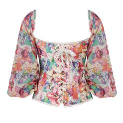 Retro Floral Print Off-shoulder Long Sleeves 12 Plastic Boned Body Shaper Overbust Corset N21771