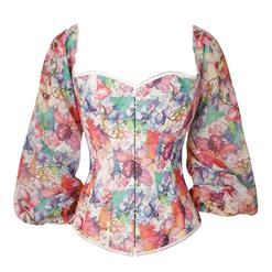 Retro Floral Print Off-shoulder Long Sleeves 12 Plastic Boned Body Shaper Overbust Corset N21771