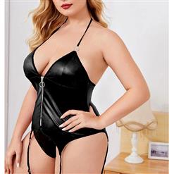 Plus Size Sexy PU Halter Neck Deep V Elastic Front Zipper Underwear Lingerie with Garters N21802