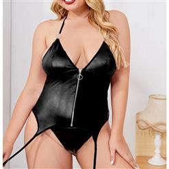 Plus Size Sexy PU Halter Neck Deep V Elastic Front Zipper Underwear Lingerie with Garters N21802