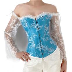 Women's Sexy Vintage Plastic Boned Off-shoulder Overbust Corset with Long Floral Lace Sleeve N21838