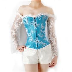 Women's Sexy Vintage Plastic Boned Off-shoulder Overbust Corset with Long Floral Lace Sleeve N21838