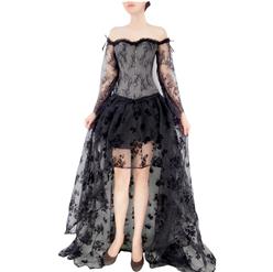 Victorian Gothic Plastic Boned Floral Lace Overbust Corset with Organza High Low Skirt Sets N21840
