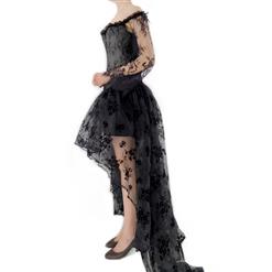 Victorian Gothic Plastic Boned Floral Lace Overbust Corset with Organza High Low Skirt Sets N21840