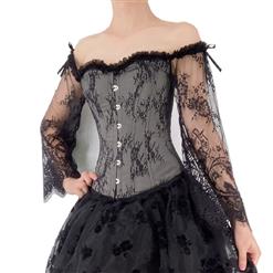 Victorian Gothic Plastic Boned Floral Lace Overbust Corset with Organza High Low Skirt Sets N21840