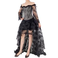 Victorian Gothic Plastic Boned Floral Lace Overbust Corset with Organza High Low Skirt Sets N21840