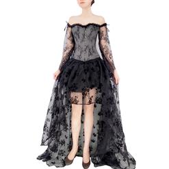 Victorian Gothic Plastic Boned Floral Lace Overbust Corset with Organza High Low Skirt Sets N21840