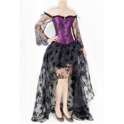 Victorian Gothic Plastic Boned Floral Lace Overbust Corset with Organza High Low Skirt Sets N21841