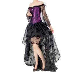 Victorian Gothic Plastic Boned Floral Lace Overbust Corset with Organza High Low Skirt Sets N21841