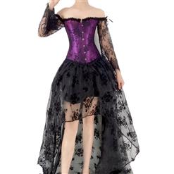 Victorian Gothic Plastic Boned Floral Lace Overbust Corset with Organza High Low Skirt Sets N21841