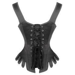 Gothic Black Wide Shoulder Straps 14 Steel Bones Wavy Hem Waist Cincher Overbust Corset N21872