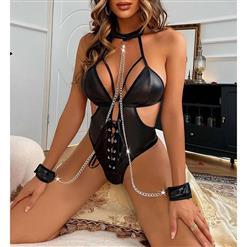 Erotic Glossy PU Bondage Chain and Cuffs Elastic Halter One-piece Bodysuit Teddies Lingerie N21887