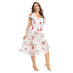 Fashion Chiffon Floral Print Square Neckline Flutter Sleeve Cut-out High Waist Layered Dress N21899