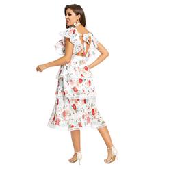 Fashion Chiffon Floral Print Square Neckline Flutter Sleeve Cut-out High Waist Layered Dress N21899