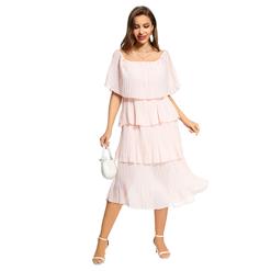 Fashion Pink Chiffon Off-shoulder Short Sleeve High Waist Cocktail Party Layered Dress N21901