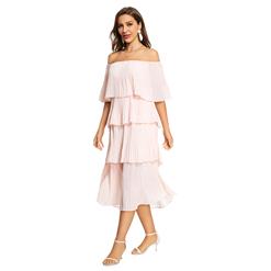 Fashion Pink Chiffon Off-shoulder Short Sleeve High Waist Cocktail Party Layered Dress N21901