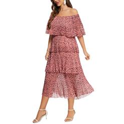 Fashion Polka Dots Chiffon Off-shoulder Short Sleeve High Waist Cocktail Summer Layered Dress N21903