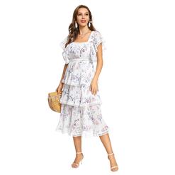 Fashion Chiffon Floral Square Neckline Flutter Sleeve Back Cut-out High Waist Layered Dress N21904