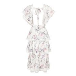 Fashion Chiffon Floral Square Neckline Flutter Sleeve Back Cut-out High Waist Layered Dress N21904