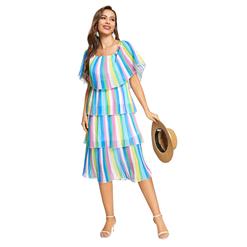 Fashion Colorful Chiffon Off-shoulder Short Sleeve High Waist Cocktail Party Layered Dress N21905