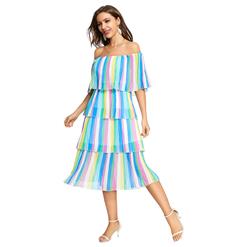 Fashion Colorful Chiffon Off-shoulder Short Sleeve High Waist Cocktail Party Layered Dress N21905