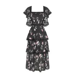 Fashion Chiffon Floral Square Neckline Flutter Sleeve Back Cut-out High Waist Layered Dress N21906