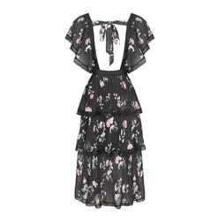 Fashion Chiffon Floral Square Neckline Flutter Sleeve Back Cut-out High Waist Layered Dress N21906