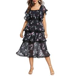Fashion Chiffon Floral Square Neckline Flutter Sleeve Back Cut-out High Waist Layered Dress N21906