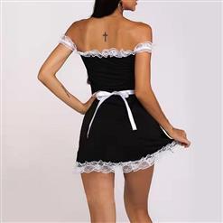 4pcs Sexy French Maid Cosplay Mini Dress Off-shoulder Babydoll Nightwear Lingerie N21931
