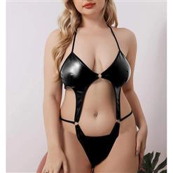 Plus Size Erotic Glossy PU Bandage Halter Cut-out Elastic One-piece Bodysuit Teddies Lingerie N22037