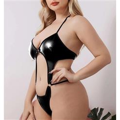 Plus Size Erotic Glossy PU Bandage Halter Cut-out Elastic One-piece Bodysuit Teddies Lingerie N22037