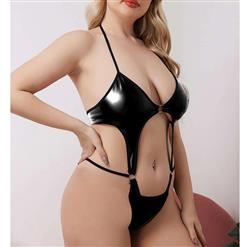 Plus Size Erotic Glossy PU Bandage Halter Cut-out Elastic One-piece Bodysuit Teddies Lingerie N22037