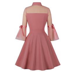 Sexy Pink See-through Mesh Patchwork Turndown Collar Flare Sleeve High Waist Swing Dress N22042