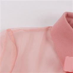 Sexy Pink See-through Mesh Patchwork Turndown Collar Flare Sleeve High Waist Swing Dress N22042