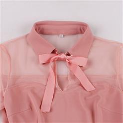 Sexy Pink See-through Mesh Patchwork Turndown Collar Flare Sleeve High Waist Swing Dress N22042