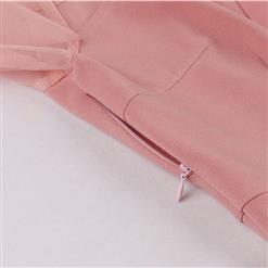 Sexy Pink See-through Mesh Patchwork Turndown Collar Flare Sleeve High Waist Swing Dress N22042