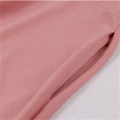 Sexy Pink See-through Mesh Patchwork Turndown Collar Flare Sleeve High Waist Swing Dress N22042