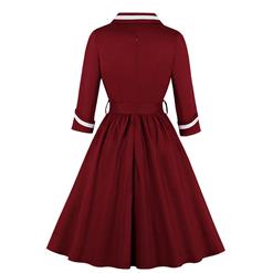 Vintage Red V-neck 7-point Sleeve High Waist Belt Midi A-line Dress N22054