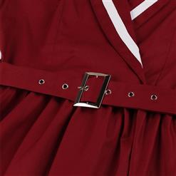 Vintage Red V-neck 7-point Sleeve High Waist Belt Midi A-line Dress N22054