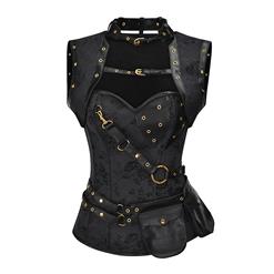 Black Faux Leather and Brocade Corset, Steel Boned Corset with Jacket, Steampunk High Neck Pocket Corset, Sexy Steampunk Overbust Corset, Sexy Overbust Waist Cincher, Steampunk Steel Boned Corset, Sexy Steel Boned Overbust Corset, Sexy Steampunk Cosplay Corset, #N22252