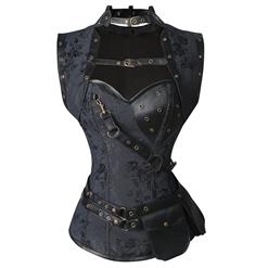 Black Faux Leather and Brocade Corset, Steel Boned Corset with Jacket, Steampunk High Neck Pocket Corset, Sexy Steampunk Overbust Corset, Sexy Overbust Waist Cincher, Steampunk Steel Boned Corset, Sexy Steel Boned Overbust Corset, Sexy Steampunk Cosplay Corset, #N22252