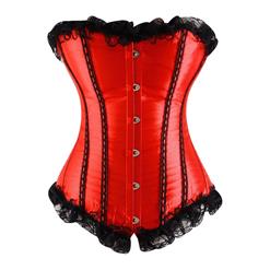Sexy Valentine's Day Red Satin Strapless Lace Trim Plastic Bone Overbust Corset N2226
