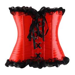 Sexy Valentine's Day Red Satin Strapless Lace Trim Plastic Bone Overbust Corset N2226