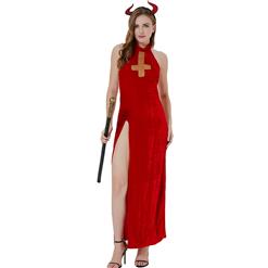 Sexy Red Devil High Waist Vent With Ox’s Horn Nightclub Party Masquerade Costume N22303