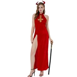 Sexy Red Devil High Waist Vent With Ox’s Horn Nightclub Party Masquerade Costume N22303