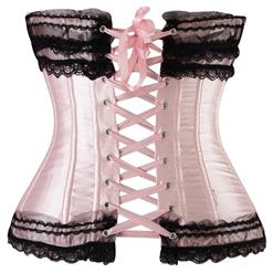 Sexy Pink Satin Strapless Lace Trim Overbust Corset N2267