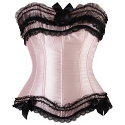 Sexy Pink Satin Strapless Lace Trim Overbust Corset N2267