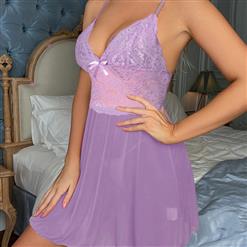 Sexy Purple Lace Deep V Spaghetti Straps See-through Mesh Nightgown Babydoll Chemise N22754