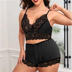 Sexy Plus Size Lace Spaghetti Strap Crop Top and Short Pants Lingerie Set N22940